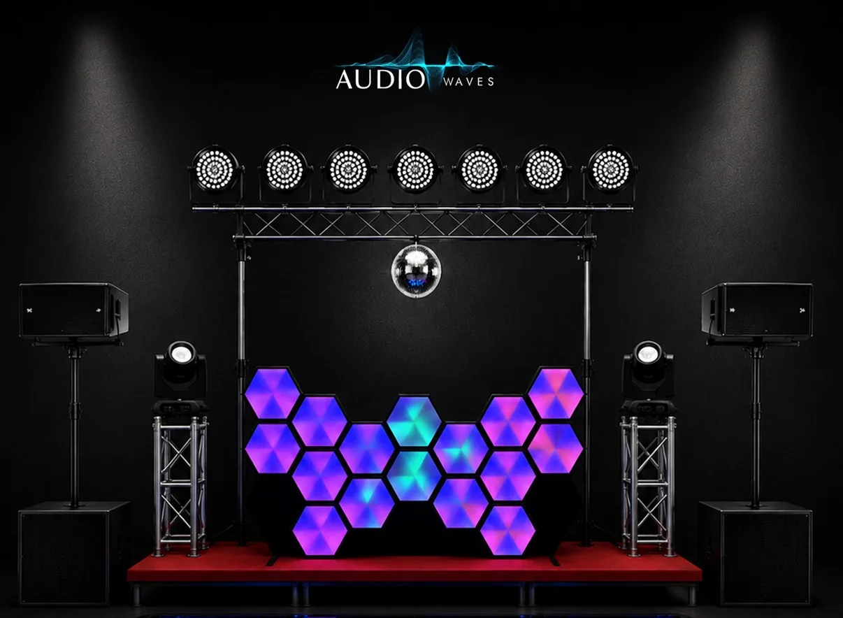Setup illustration of the Single Stack + Honeycomb + DJ + 3D Dance Floor package: speakers, DJ booth and lighting