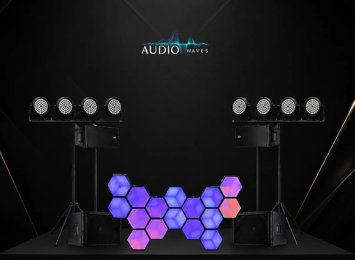 Setup illustration of the Single Stack + Honeycomb + DJ package: speakers, DJ booth and lighting